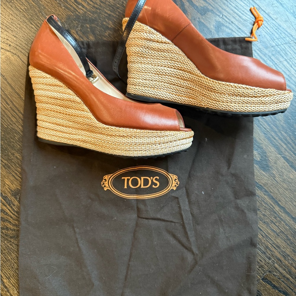 Tod's Brown Leather Peep-Toe Espadrille Wedges
